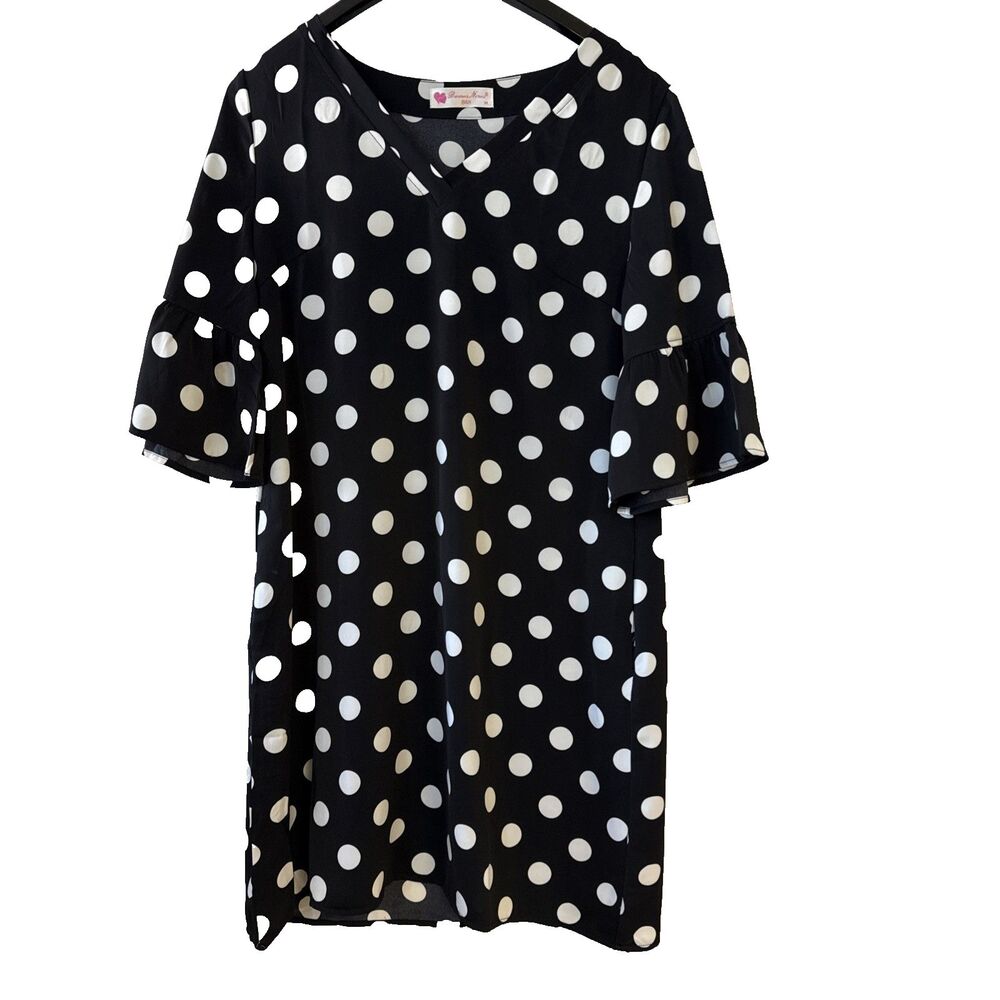 Buenos Ninos Mini Dress Polka Dot Bell Sleeve V Neck Pullover - M